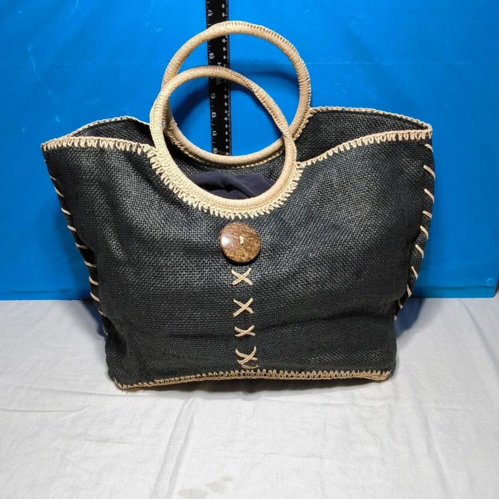 Cappelli Straworld Woven Straw Tote Bag Black Large Beach Vacation